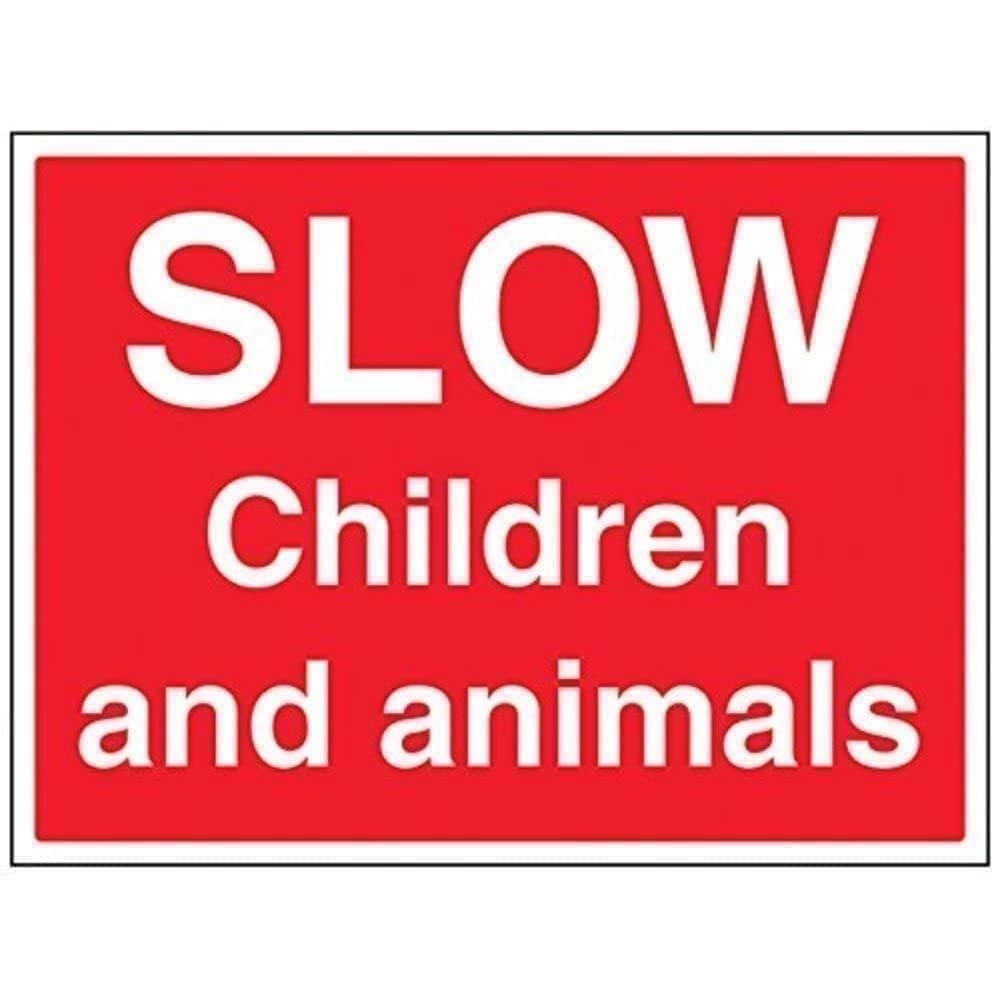 V Safety Slow, Children And Animals Sign - 400mm x 300mm - Self Adhesive Vinyl — image 1