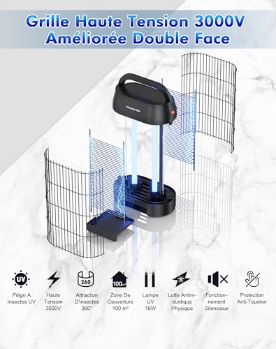 Lampe Anti Moustique 3000V, Tue Mouche Électrique UV 16W, Lampe Anti Mouche avec Crochet Portable, Sécurisé, Éco-Énergétique et Silencieuse, pour Intérieur et Extérieur (100m²)