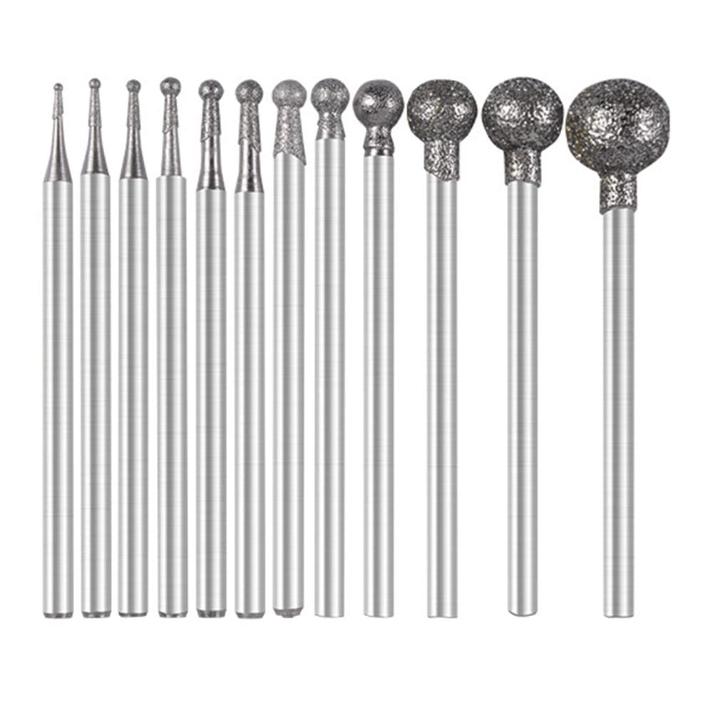 12Pieces/Set Ball Sphere Head Diamond Burr Engraving Bits Point Carving Polishing Burr Engraving Bits for DIY Woodworking Engraving Metal Carving Drilling Polishing of 12 Burr Sizes 0.5MM-8MM