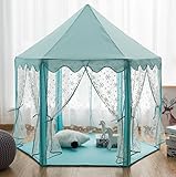 Pericross Snowflake Sheer Hexagon Princess Play Tent with Silver Tone Aluminum Alloy Frame and 10M Brass Wire 100 Diodes LED Warm White Lights (Cyan)