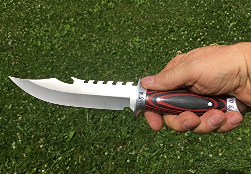 USA Combat Bowie Hunting Knife w/ Leather Sheath, Pakkawood Handle, & Razor Sharp 420 SS Rust Free Full Tang Fixed Blade (Leather Sheath) By eT