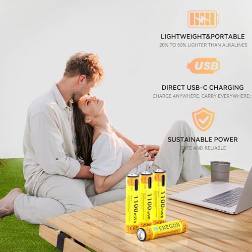 ENEGON USB-C Rechargeable AAA Batteries 1100mWh (4-Pack) - 1.5-2H Fast Charge, 1.5V Stable Output for High-Drain Devices, No Extra Charger Needed