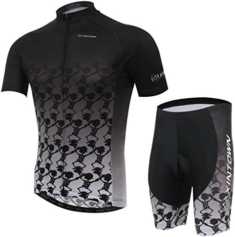 BESYL Unisex Printed High-Performance Mesh Cycling Clothing Kit, Cycling Jerseys Short Sleeve and Padded Shorts Suit for Bike, Biker, Bicycle, Riding (Black Gradient Gray Skulls)