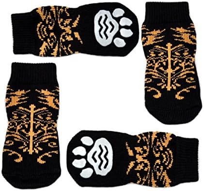 Posch Anti-Slip Knit Socks for Pets with Traction Soles for Indoor Wear. Slip On Paw Protectors. Size XXL, Black/Tan