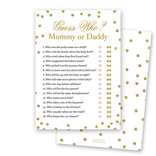 Mommy or Daddy Baby Shower Guess Game - 24 count - (Faux Gold Glitter on White)