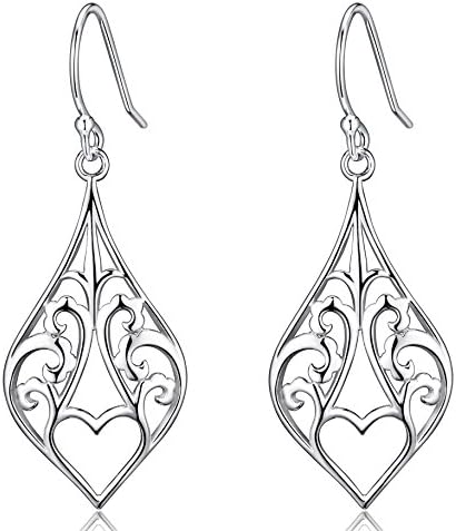 Highly Polished Sterling Silver Filigree Dangle Drop Earrings With Wave &amp; Heart Design 2