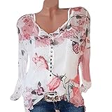 Pandaie Women's Long Sleeve Tops, Womens Casual Floral Printed Button T-Shirt Chiffon Irregular Hem Top Blouse