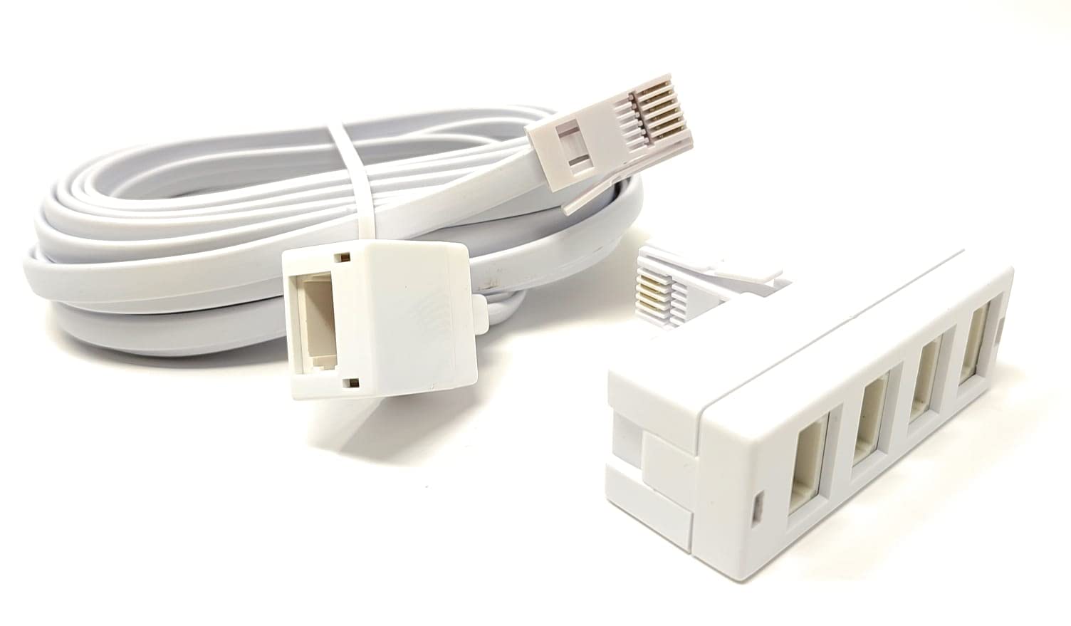 Maincore 5m 2in1 long White BT Telephone Extension Cable Lead & 4 Way BT Sockets Splitter Adapter (5m)