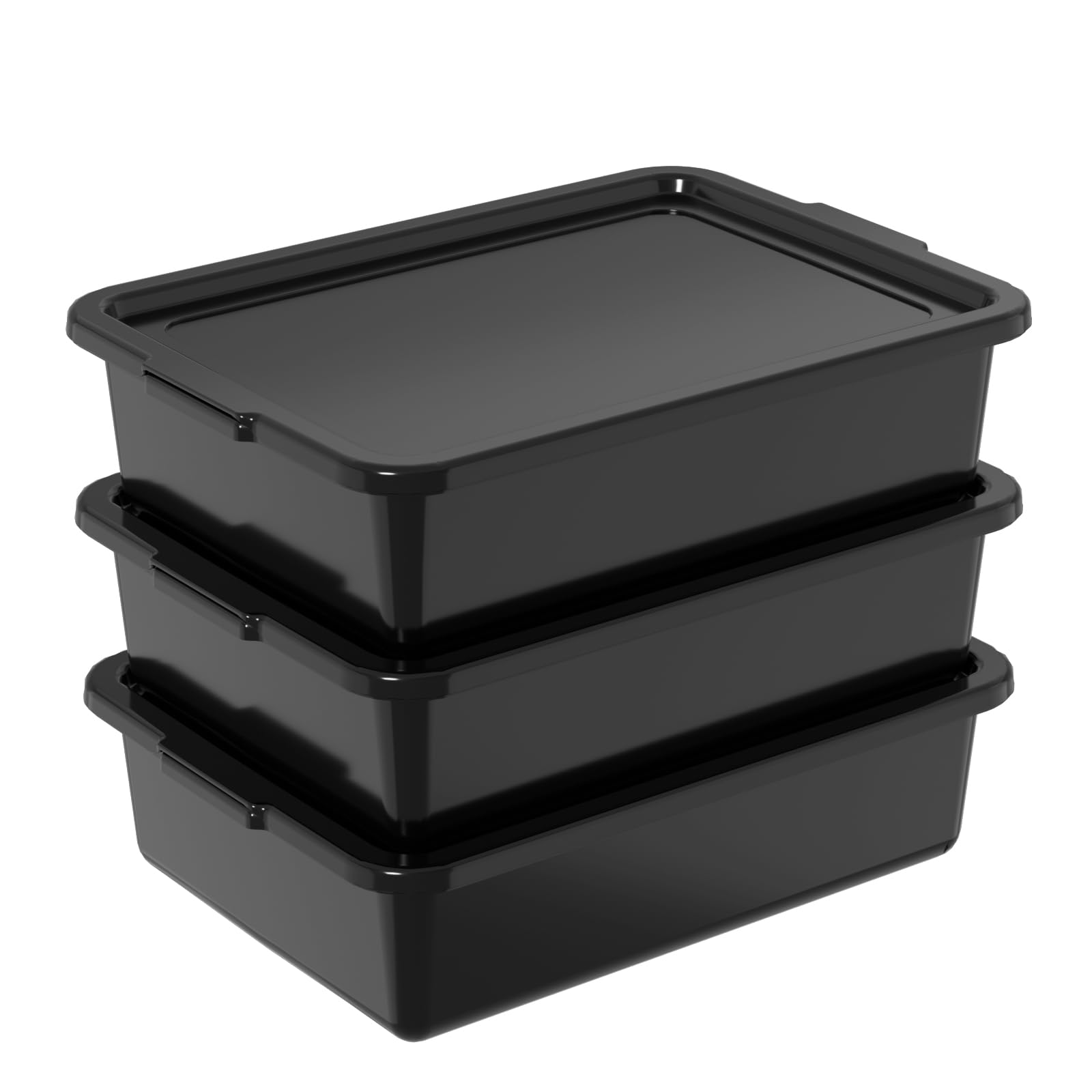 Photo 1 of DynkoNA 3 Pack 13 L Plastic Commercial Bus Box, Restaurant Bus Tub with Lid, Black-
