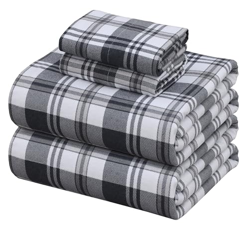 ZOYER Flannel Sheets California King Size - 100% Cotton Double Brushed Cal King Bed Sheets Set - Deep Pockets 14 Inches - All Seasons Breathable & Extra Soft - Warm & Cozy, 4 Piece, Carbon Grey Plaid