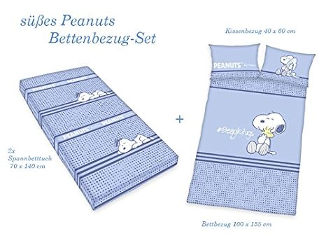 PEANUTS Baby Erstausstattung BETTWÄSCHE-SET 2x Spannbettlaken + Jungs BETTWÄSCHE Kissen 40x60 Bezug 100x135cm, 100% Baumwolle