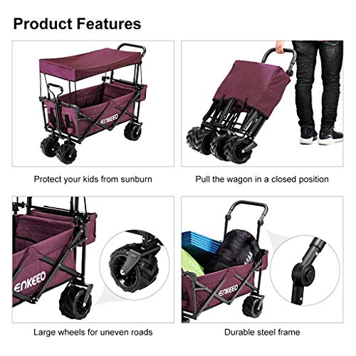 ENKEEO Foldable Utility Wagon Collapsible Sports Outdoor Cart with Removable Canopy, Large Capacity and Tilting Handle for Camping Beach Sporting Events Concerts Shopping (Burgundy)