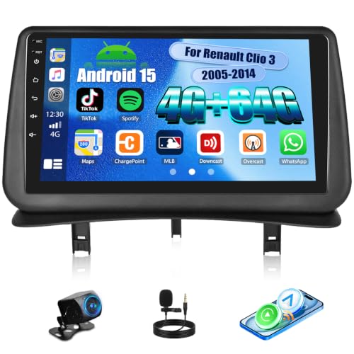 SIXWIN 4GB+64GB Android 15 Car Radio for Renault Clio 3 2005-2014 with CarPlay Android Auto Mirror Link - 9 Inch Touch Screen Car Radio WiFi Bluetooth 5.0 FM/RDS 32EQ USB with Rear View Camera | Android 15 4GB + 64GB, Wireless CarPlay Android Auto Mirror Link, WiFi, GPS, Bluetooth 5.0, 32EQ