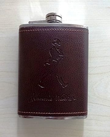 Stainless Steel and Stitched Brown Leather Hip Flask 8 Oz (230 Ml), Design Engraved - Alcoholic Beverage Holder