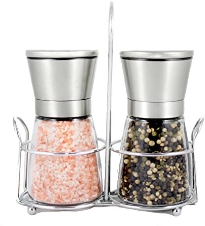 Stainless Steel Salt & Pepper Grinder Set with Stand - Adjustable Ceramic Rotor | Glass Body | Stainless Steel Stand | Salt Mill and Pepper Mill | Kitchen Tool
