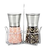 Stainless Steel Salt & Pepper Grinder Set with Stand - Adjustable Ceramic Rotor | Glass Body | Stainless Steel Stand | Salt Mill and Pepper Mill | Kitchen Tool ()