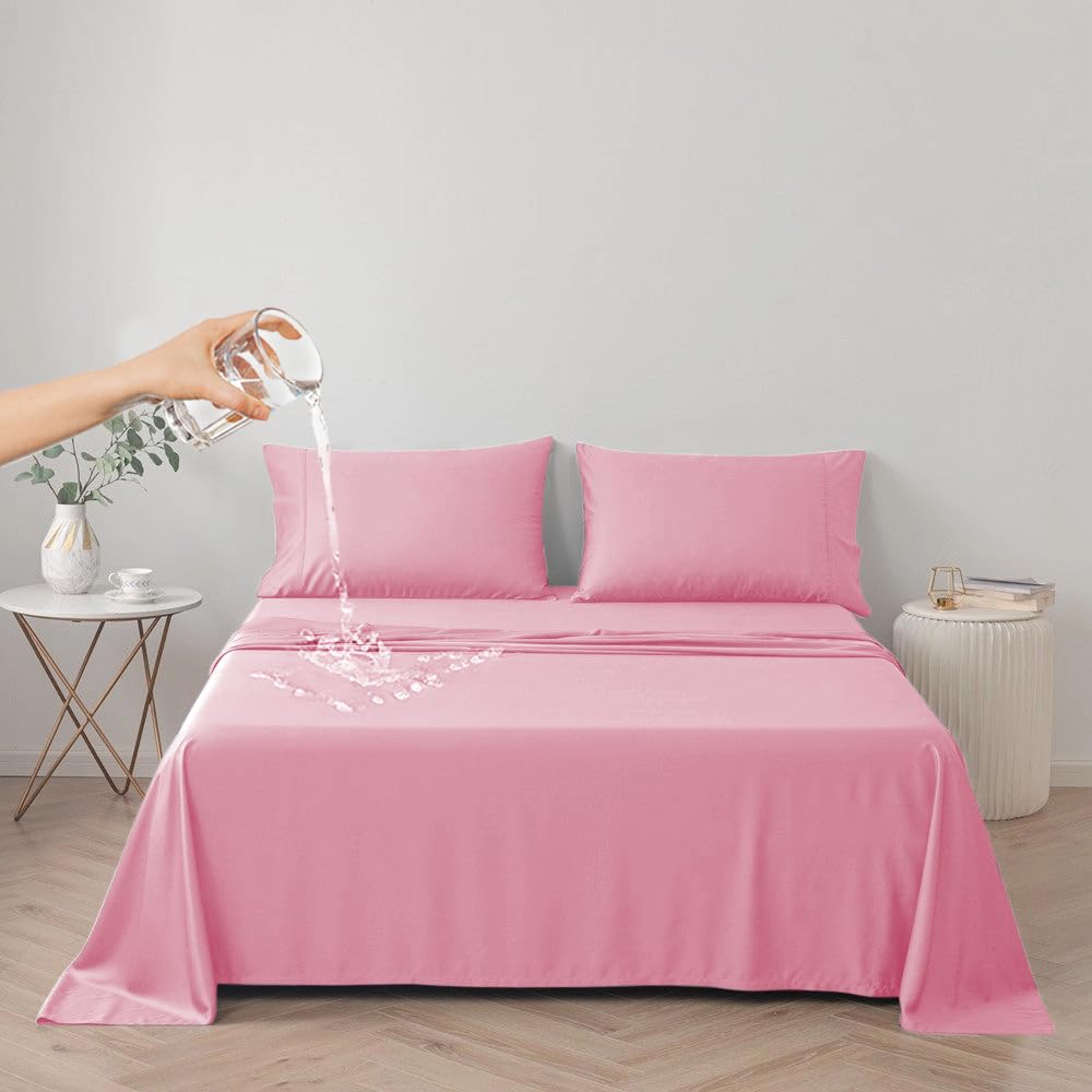 DUJUIKE Waterproof Bed Sheet Cover,Pet Hair Resistant Bed Sheet Cover for Dog and Cats, Mattress Protector for Children, Bed Liner Cover with Waterproof Breathable Fabric (Pink, Twin 160 x 230 cm)