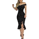 Bodycon Dresses for Women Slit Fashion Ruffle Backless Sequin Short Sleeve Sexy Dresses