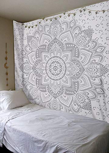 Popular Handicrafts Wall Hanging Tapestry For Bedroom Hippie Ombre Mandala Bohemian Hippy Intricate Indian Tapestries Bedspread 84 x 90 Inches (215cm x 230cm) Silver on White