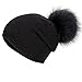 Winter Knit Hat Warm Thick Raccoon Fur Pompom Knit Skull Pure Color Fashion Cashmere Blend Slouchy Beanies for Women(Black)