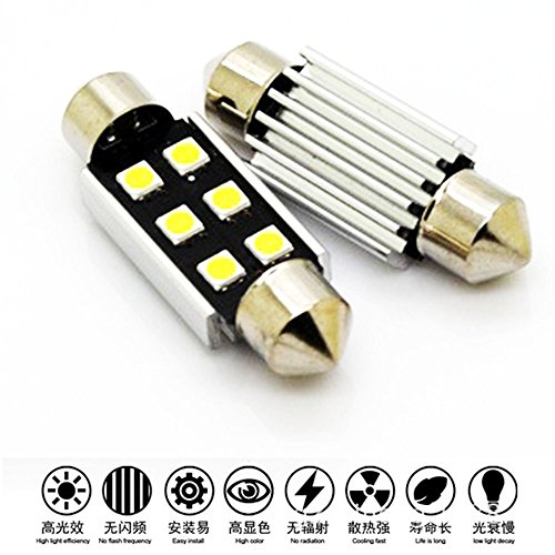 2-Pack 480 Lumens Xenon White 42MM(1.65") 12V Canbus Error Free Festoon Map Trunk Dome Light 3030 6-SMD No Polarity LED Bulbs for Vehicle 211-2 212-2 569 578