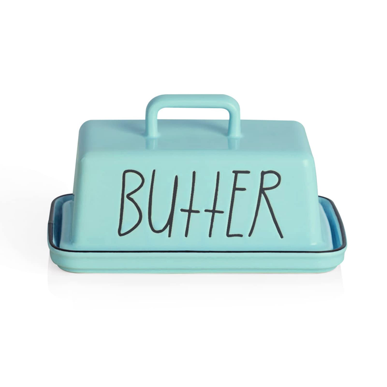 Sweejar Home Ceramic Butter Dish with Handle Lid, 18 cm Porcelain Large Butter Keeper with Cover, Perfect for East/West Butter (Turquoise)