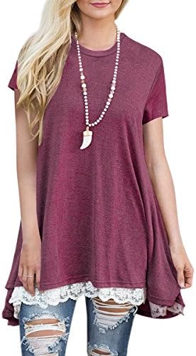 MBIGM Womens Lace Casual Short Sleeve Tunic Tops Loose Shirt Blouse (Wine, Large)