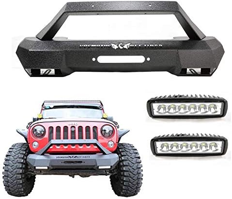 Front Bumper with LED Lights Winch Plate Rock Crawler Bumper Textured Black Compatible for 2007-2018 J-eep Wrangler JK JKU Sahara Rubicon Sport [Steel +Rust Proof]
