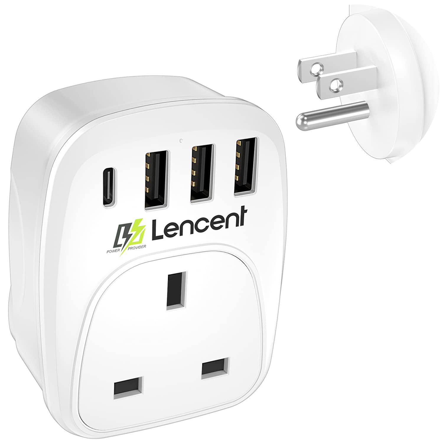 LENCENT UK to US Plug Adapter with 3 USB Ports and 1 Type C, Grounded America Travel Adapter for USA Mexico Canada Thailand and More (Type B)