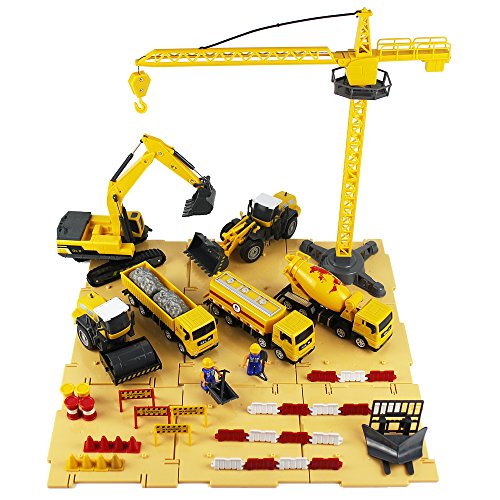 Engineering Construction Vehicles and Construction Site Set, 54 piece, iPlay iLearn, 6 Vehicles - Crane, Cement Truck, Excavator, Steamrollers, Dump Truck and Fuel Carrier