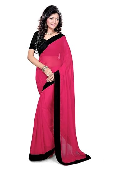 Womens Georgette Solid Contrast Wide Lace Border & Blouse Work Saree