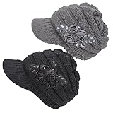 Women's Cable Knit Visor Hat with Flower Accent