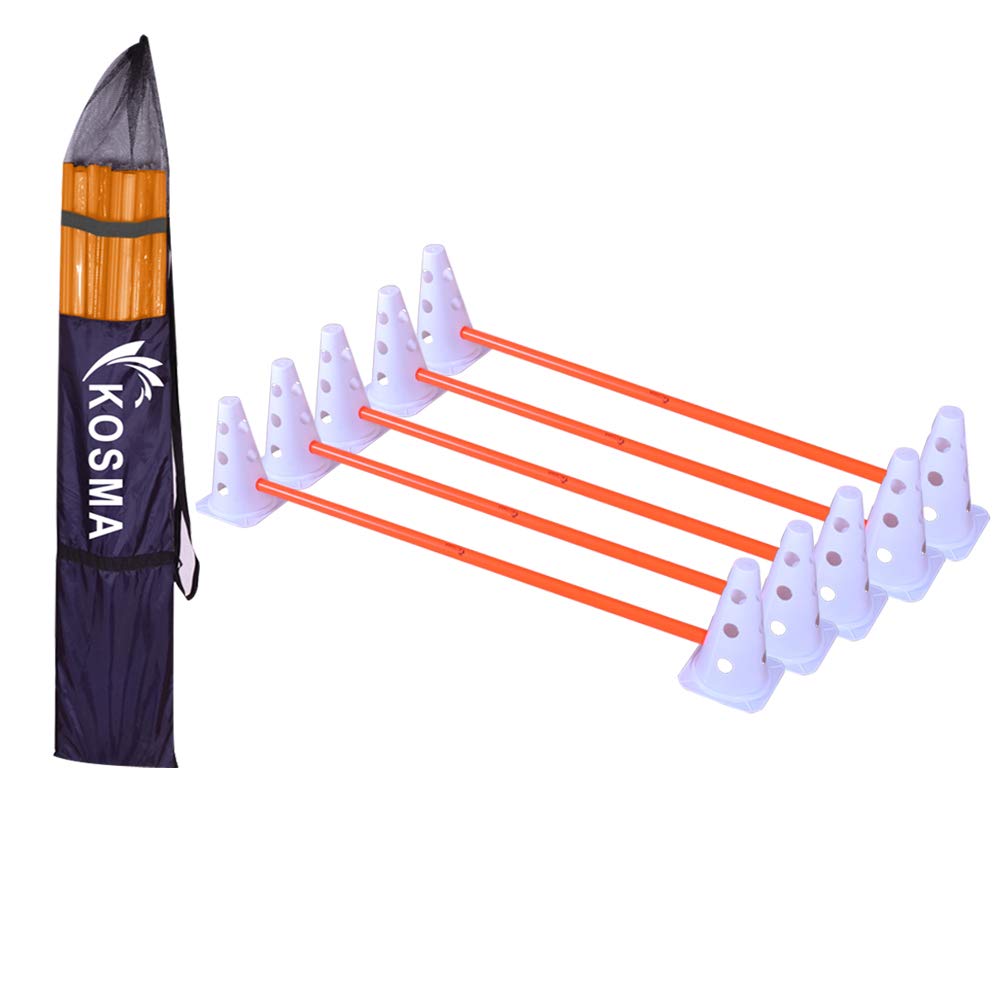 Kosma Pack of 15Pc Multi-functional and Adjustable Agility Hurdle set - 10Pc Traffic Cones 9 Inches with 12 holes White color, 5Pc Orange Poles 40 Inches with caps - in carry bag