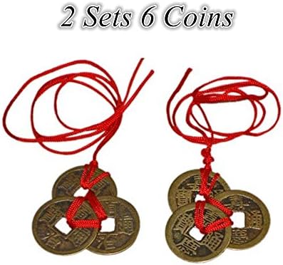 Femitu Chinese Red Enless Knot Feng Shui Coins to Attract Wealth and Health - 2 sets of 3