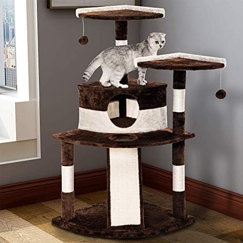 P PURLOVE Cat Tree with Scratching Posts, Cat Tower Activity Centre Climbing Tree Furniture with Perches Platform / Condo / Ladder / Dangling Cat Toy Mice(Brown)