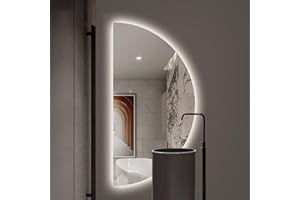 ZJIEX 24" Semicircular Frameless Wall Mounted LED Bathroom Mirror, Explosion Proof, Anti-Fog, 3-Color Dimmable (Right, 24" x 24")