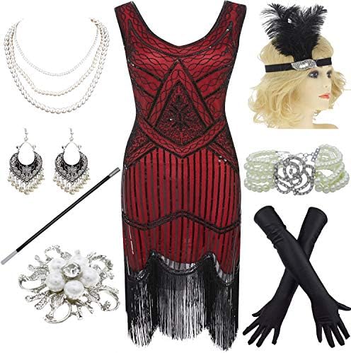 1920s Gatsby Sequin Fringed Paisley Flapper Dress with 20s Accessories Set (XXXL, Black-Red)