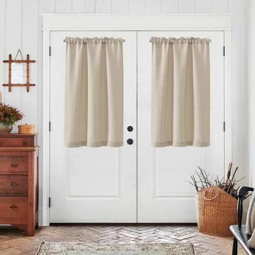 TOPICK Short Beige Kitchen Curtains 70L x 90H cm for Low Cabinet Window Cupboard with Internal Rod Pocket Small Curtain Modern 2 Panels