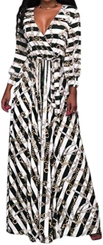Jefferson Womens Sexy Plus Size Striped V Neck Long Sleeve Drawstring Cocktail Party Long Maxi Dresses(L, Black Striped)