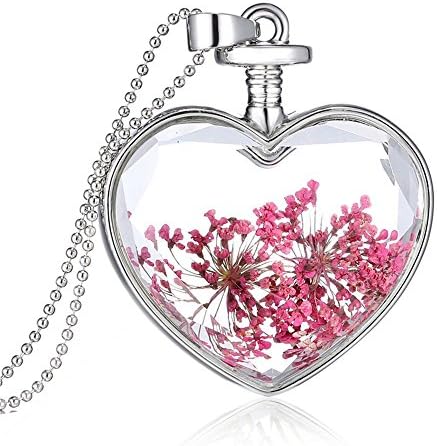 Rosimall Queen Anne's Lace Forget Me Not Real Dry Flower Heart Glass Bottle Pendant Necklace Gift