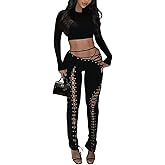 REASERAL Womens Sexy Two Piece Outfits Slim Round Neck Top Hollow Out Lace Up Pants Club Going Out Sweatsuit