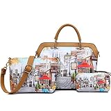 Realer Women Tote Handbags Purse Messenger Bags 3 PCS Set with Coin Wallet Street Pattern