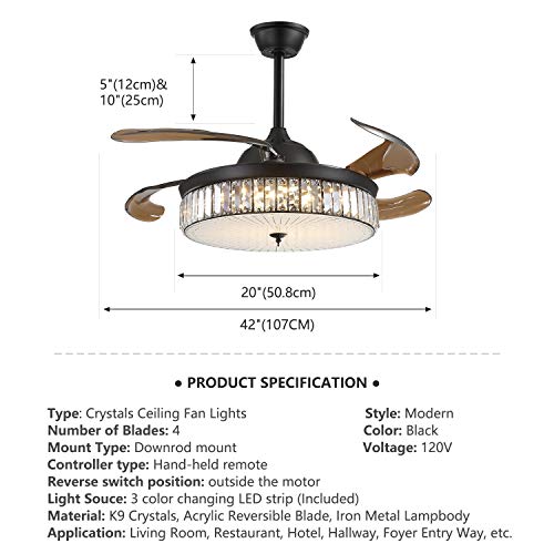 Crystal Ceiling Fan Lights Dimmable LED Fandelier, Siljoy 42 inch