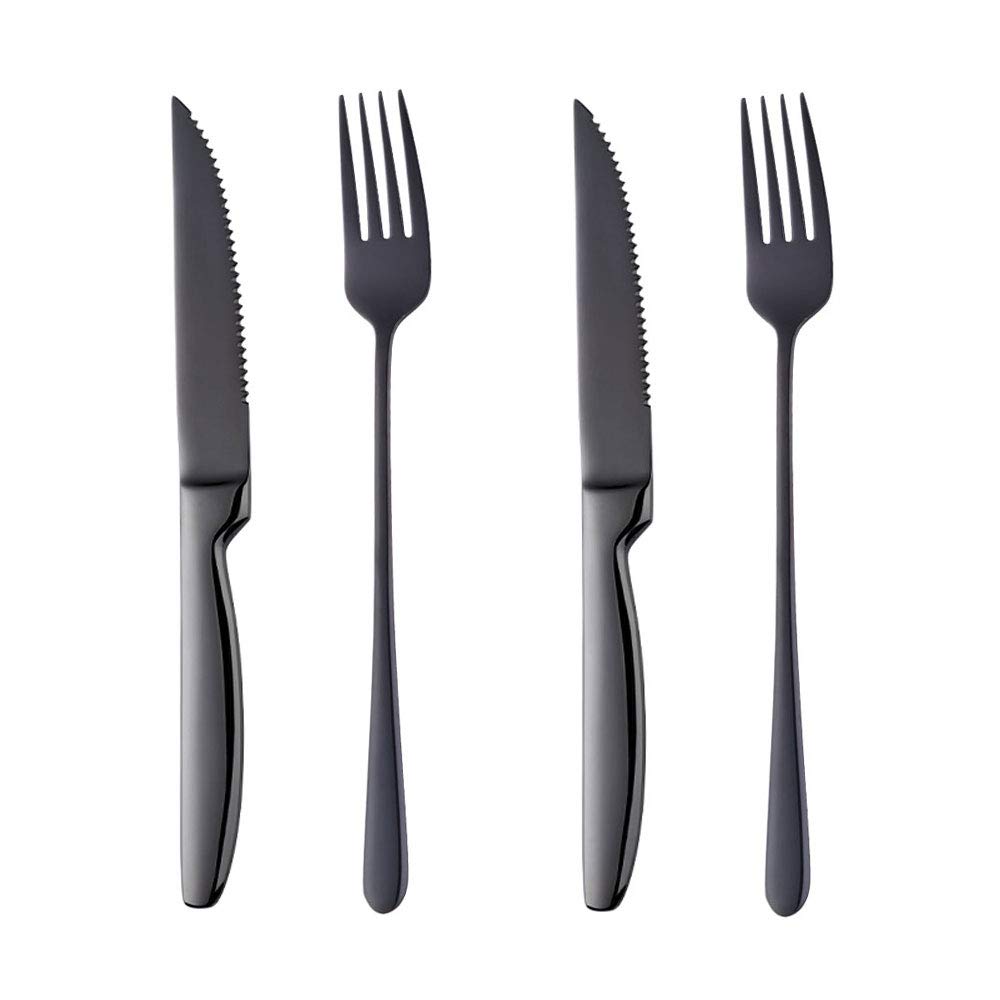 BISDARUN Steak Cutlery Sets Black Serrated Steak Knives and Forks Set Serves for 2 Stainless Steel Dinner Forks X2 Steak Knives X2, Table Knives and Forks Set Dishwasher Safe