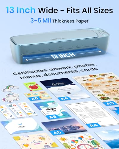 Qfun Laminator Machine 13 Inch Never Jam, 60S Fast Warm Up Thermal Cold Laminator for Teachers Schools, 9 in 1 Lamination Kit with 30 Laminating Sheets Portable 11x17 Laminate Machine for Home Office