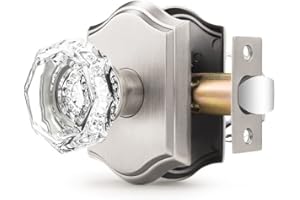Orger Passage Door Knob for Hallway and Closet, Glass Door Handle with Non-Locking Latch, Octagonal Clear Crystal Door Knob 1 Pack, Satin Nickel Vintage Rosette with Heavy Duty Crystal