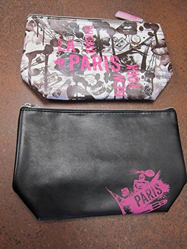 Cosmetic Bag Paris Chicago LA New York white black pink Faux Leather+ Paris BLACK Pink Faux Leather Lot of 2 by LannCoome