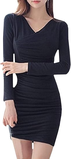 Amazon ココアンドユカ シック カシュクール タイト ミニ ワンピース レディース 長袖 ボディコン ワンピ エレガント 秋 冬 ブラック M ワンピース チュニック 通販