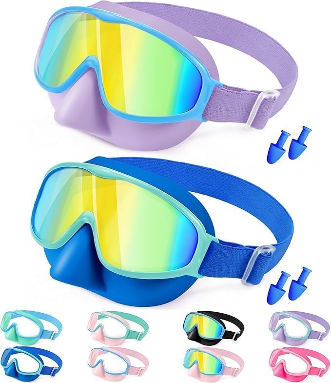 Vvinca Kids Goggles with Nose Cover Comfort Fabric Strap, Kids Swim Goggles Wide View Diving Mask Anti-Fog/UV No Leaking Swimming Goggles for 3-14