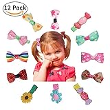 Hair Clips Barrettes Ribbon Bows - 12 pcs of Uniquely Designed For Baby, Toddler, and Young Girls